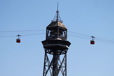 Low angle view of communications tower against clear blue sky