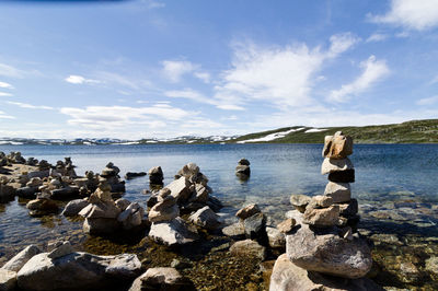 Scenic view of rocks by sea against sky