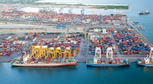 High angle view of boats in sea