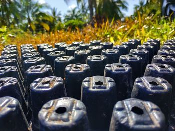 Close-up of computer keyboard on field