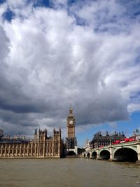 Buildings at waterfront against cloudy sky