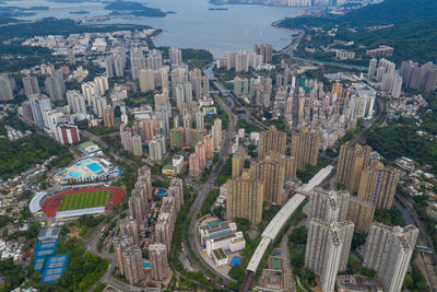 High angle view of city buildings