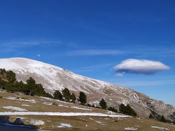 Scenic view of snowcapped mountains against blue sky