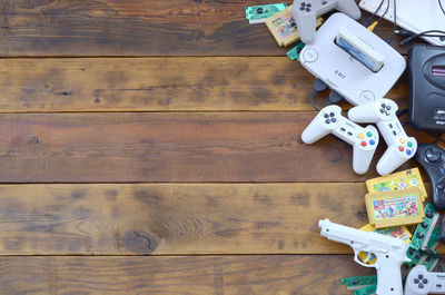 High angle view of toy on wooden table