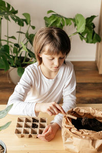 Girl planting seeds for seedlings in small recyclable peat pots, seedling container. spring 