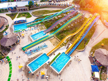 High angle view of multi colored buildings in city