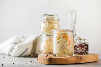 Close-up of drink in glass jar on table