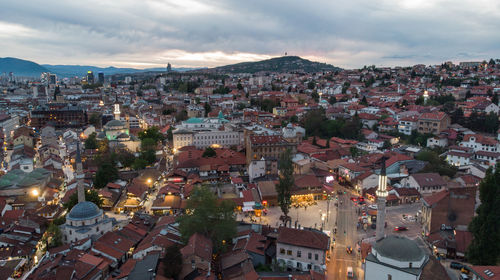 High angle shot of townscape against sky