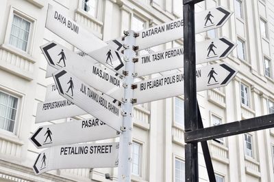 Low angle view of road sign against building