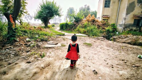 Rear view of girl walking on road