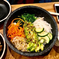 High angle view of food in bowl on table