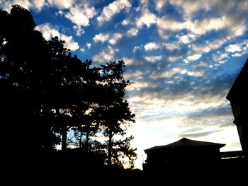 Silhouette tree by house against sky during sunset