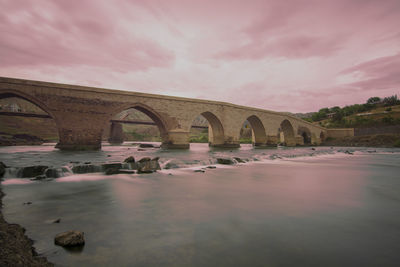 Arch bridge over river against sky during sunset