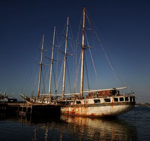 Sailboats moored in sea against clear blue sky