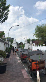 Rear view of people on street in city against sky