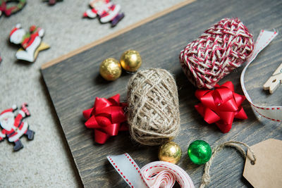 High angle view of christmas decoration on table