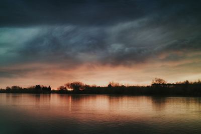 Scenic view of lake against cloudy sky