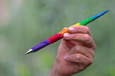 Close-up of hand holding leaf