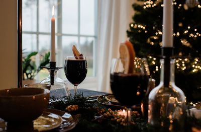 Traditional swedish drink mulled wine, glogg on a table at christmas