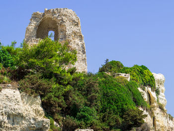 Low angle view of castle against clear blue sky