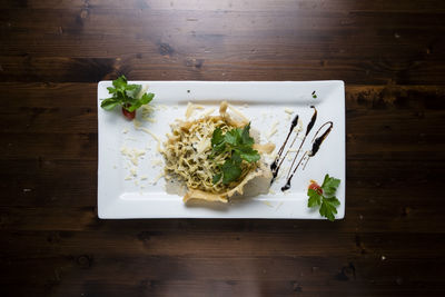 High angle view of food in plate on table