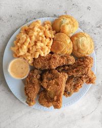 High angle view of breakfast served on table