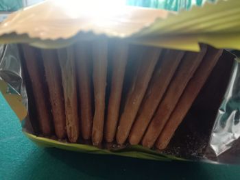 High angle view of bread in box on table
