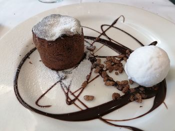 High angle view of chocolate cake in plate