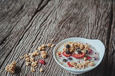 High angle view of breakfast served on table