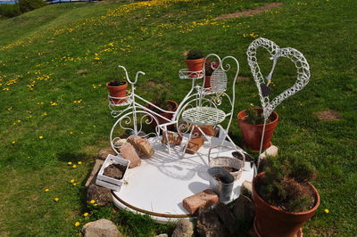 High angle view of chairs on table