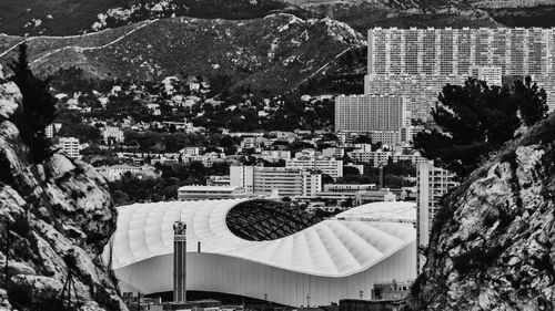 High angle view of buildings in city