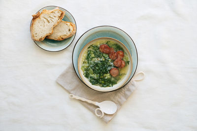 High angle view of soup in bowl on table