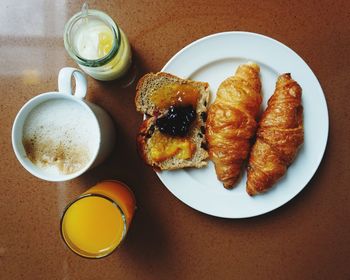 High angle view of breakfast served on table