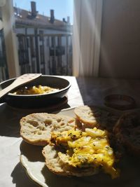 Close-up of breakfast served on table