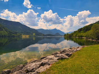 Scenic view of lake by mountains against sky