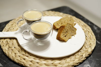 High angle view of breakfast served on table