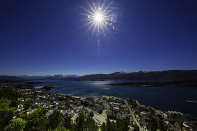 Scenic view of sea and mountains against clear blue sky