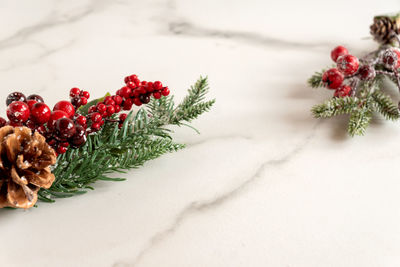 Christmas composition of fir tree branches with red berries and pine cones on barble background. 