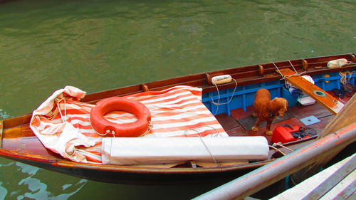 High angle view of boat moored at lake