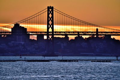 View of suspension bridge at sunset