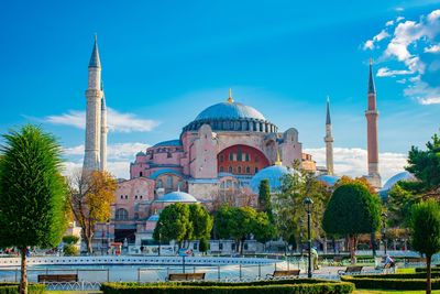 Low angle view of hagia sophia mosque against clear sky