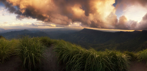 Scenic view of mountains against sky during sunset