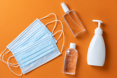 High angle view of bottles on table