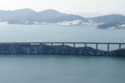 Scenic view of sea and mountains against sky