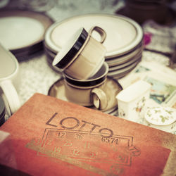 High angle view of coins on table