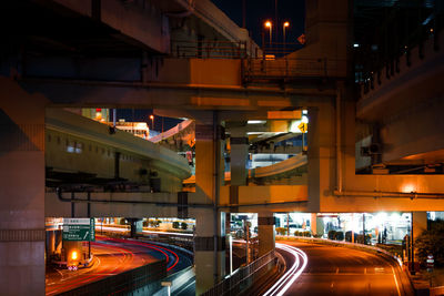 High angle view of light trails on railroad station