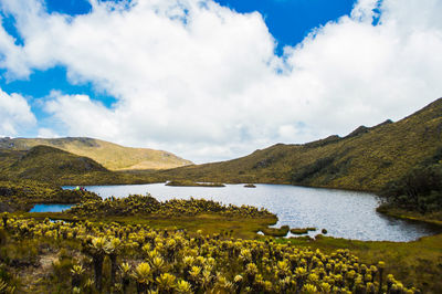 Scenic view of lake and mountains against sky