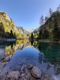 Scenic view of lake and mountains against clear sky