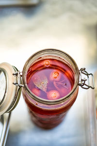 High angle view of drink in glass jar on table