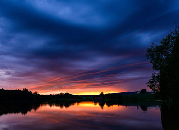 Scenic view of lake against romantic sky at sunset